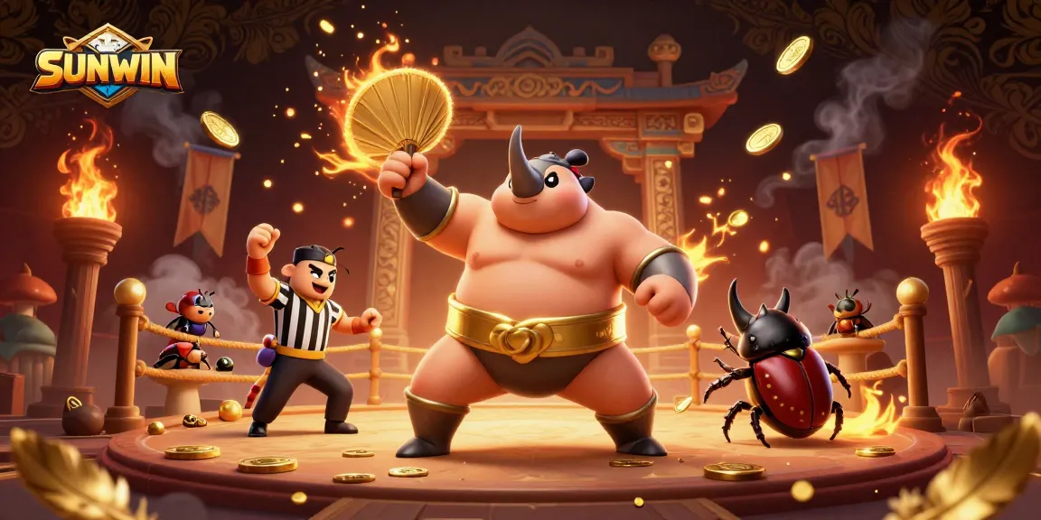 SUNWIN showcases a vibrant sumo champion beetle stomping coins, surrounded by fun casino elements.