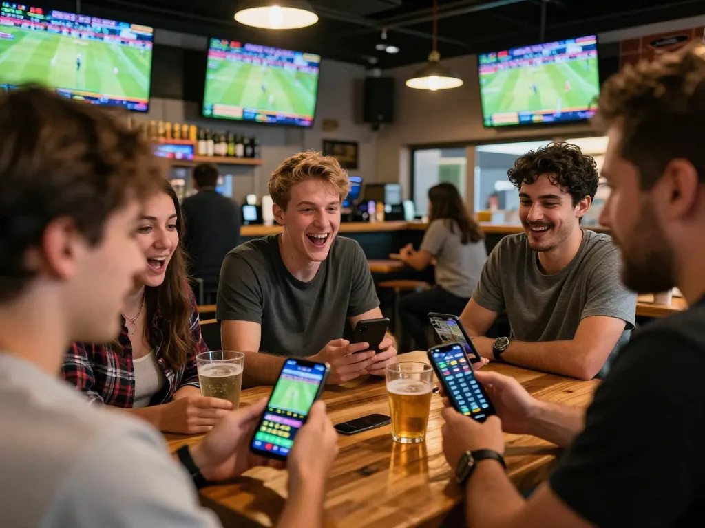 Excited bettors using tip88 app at a lively sports bar, enjoying strategic sports betting.