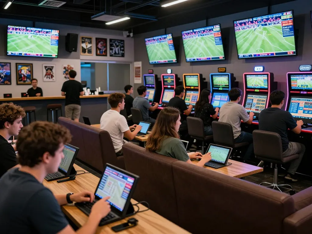 Bongdallu sports betting enthusiasts engaging with live betting screens, creating an electrifying atmosphere.