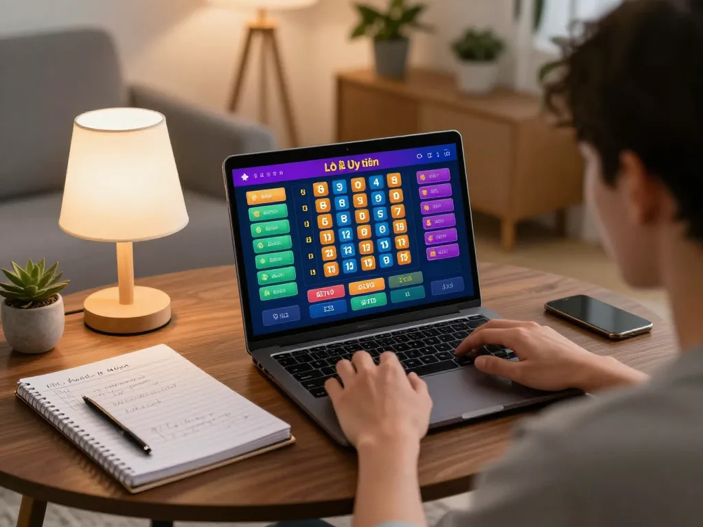 Lô Đề Uy Tín gaming interface shown on laptop while a player strategizes in a cozy living room.