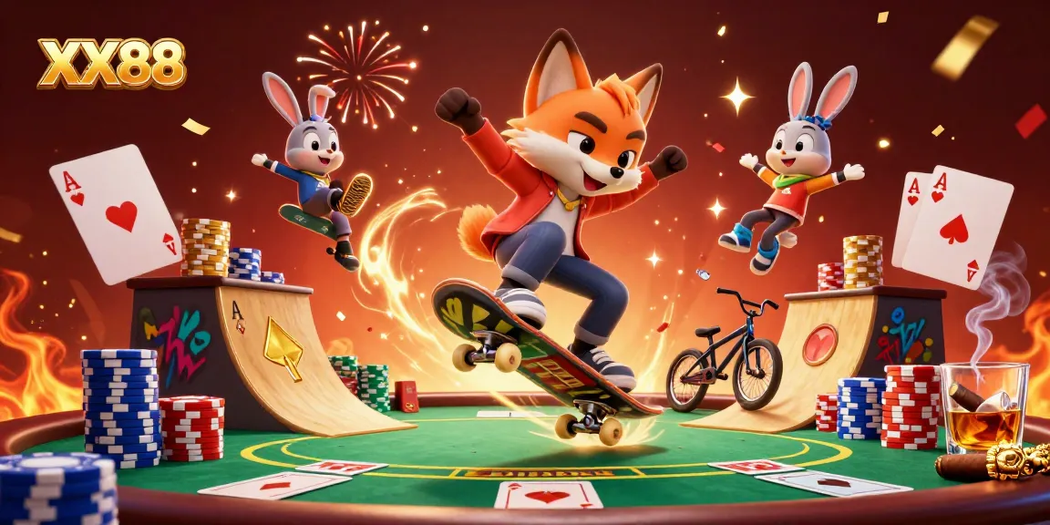 Engage with the excitement of XX88 as the vibrant 3D fox performs tricks over golden poker chips.