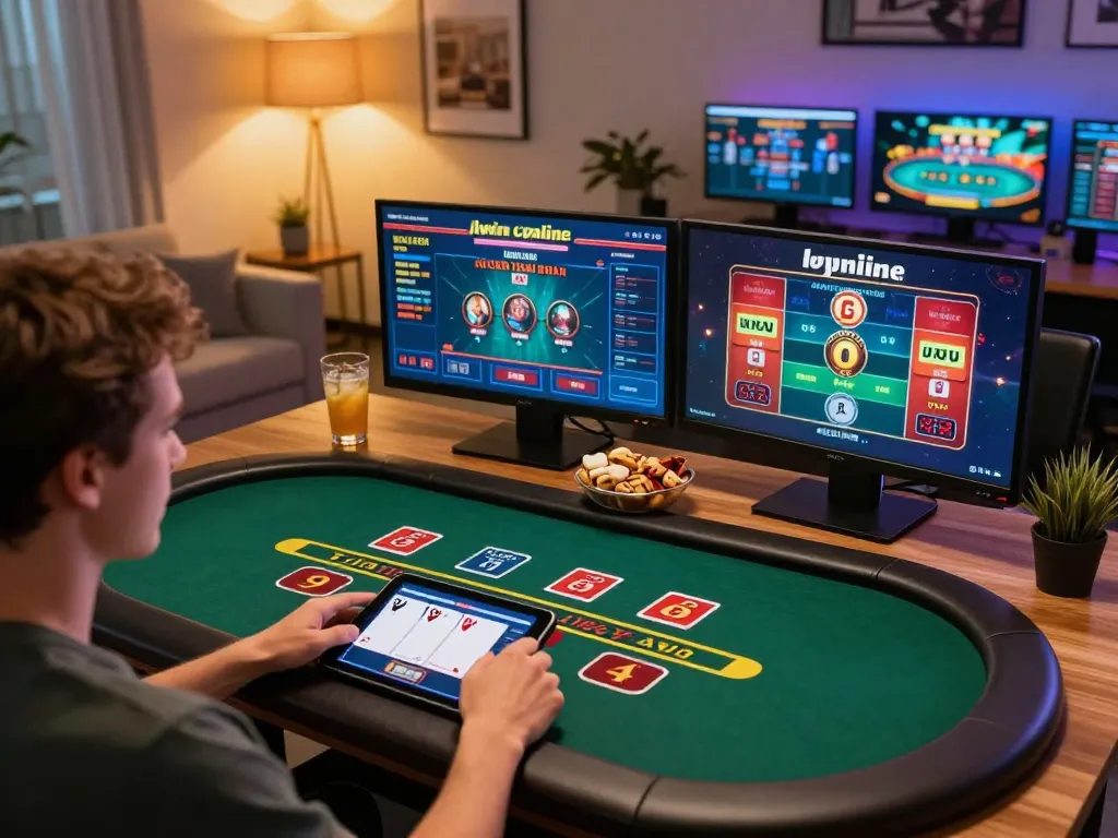 Player engaging in a live blackjack game on llwin from a stylish home office, showcasing an exciting online gambling atmosphere.