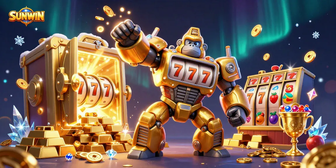 SUNWIN showcases an epic gaming scene with a golden gorilla mech surrounded by dynamic slot game elements and treasure.