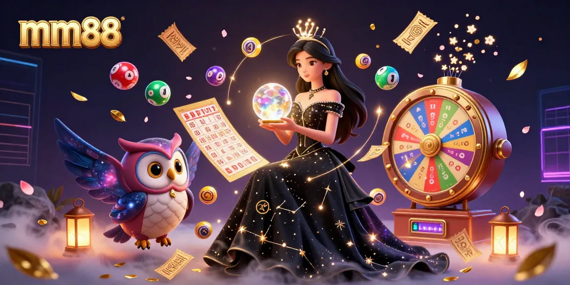 Engage in luck with mm88 as a stunning woman in a midnight gown reveals a glowing crystal ball amidst vibrant lottery elements.
