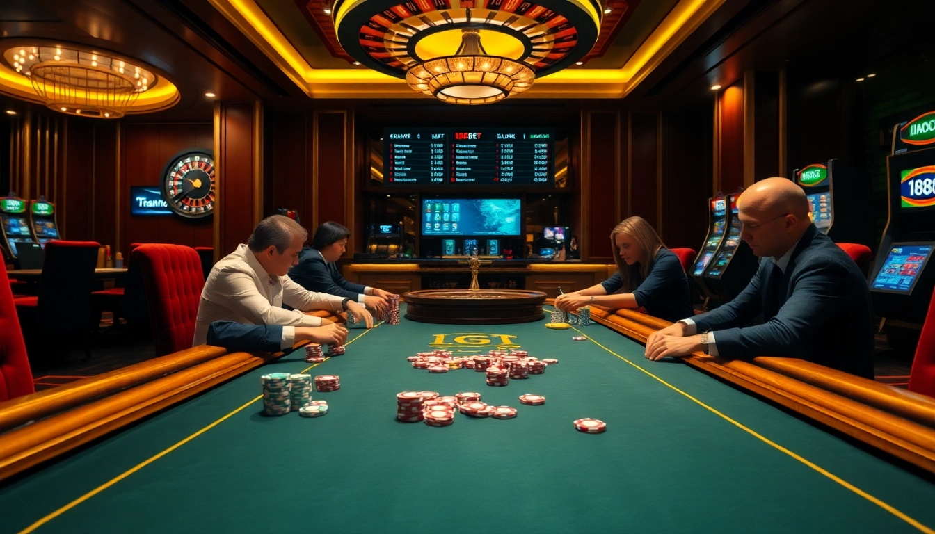 Experience the excitement of 188BET casino with professional gamblers at tables and neon slot machines.