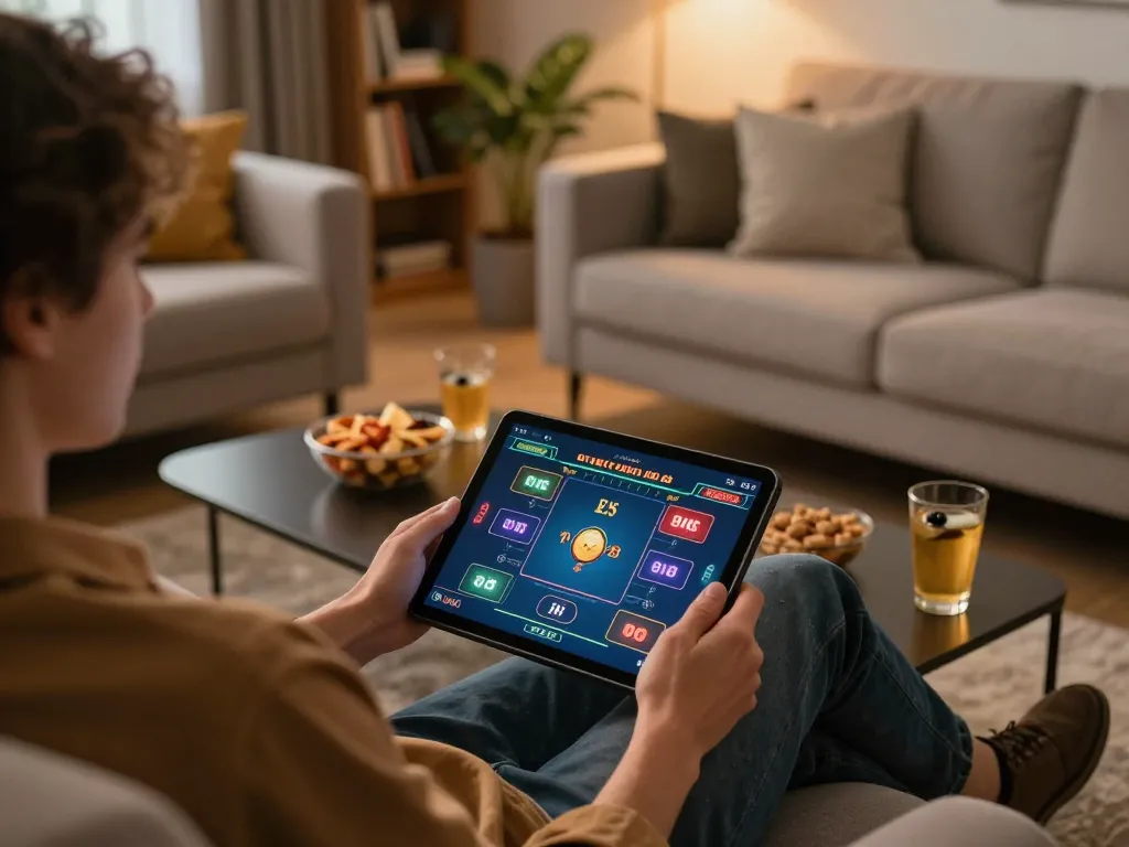 Engaged player enjoying online casino at home with 9bet tablet interface on screen