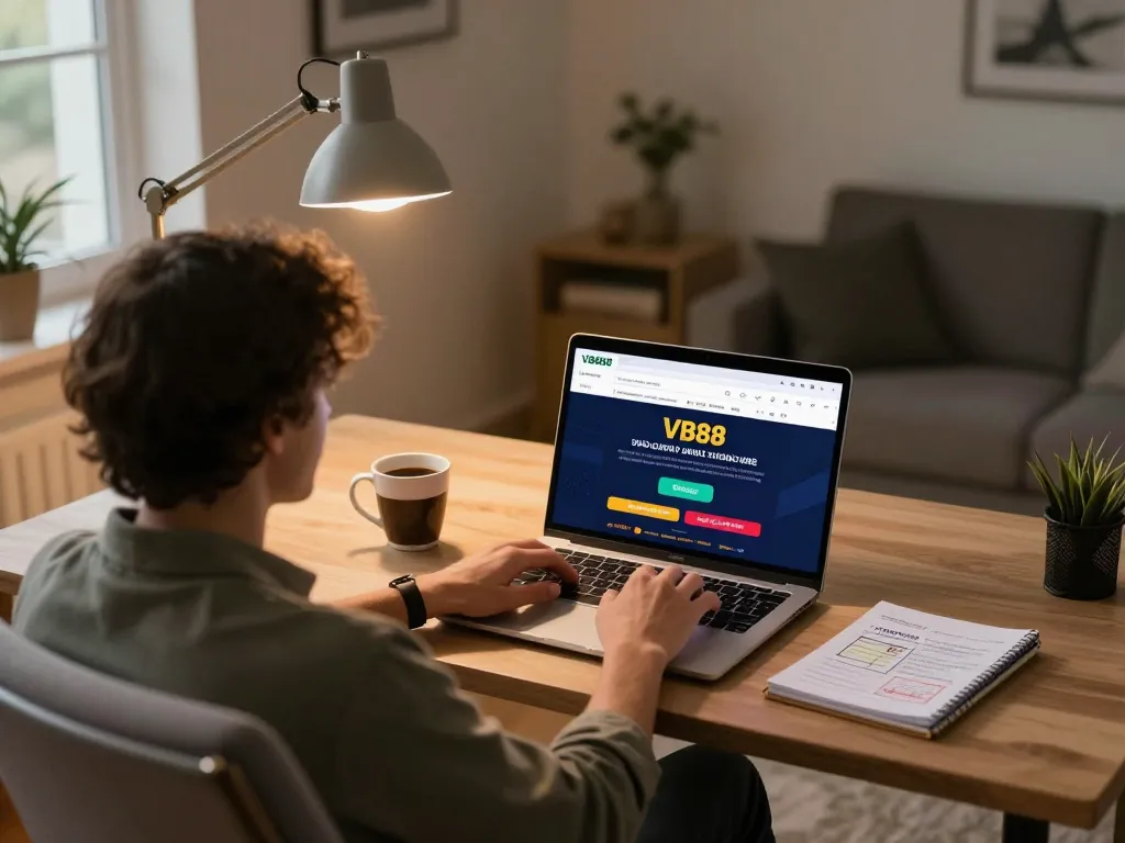 Experience online gaming with VB88 on a laptop, showcasing strategic betting notes in a cozy setting