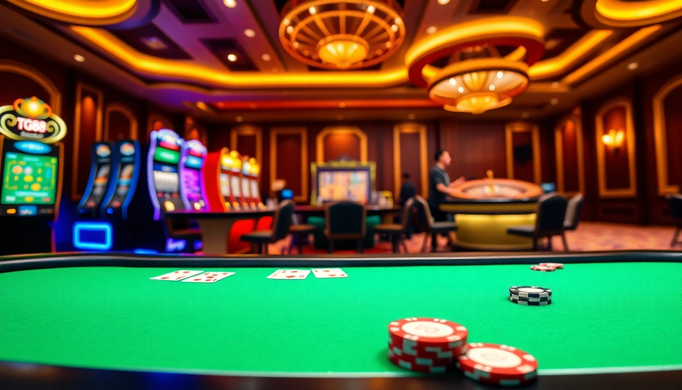 Experience thrilling gaming at TG88’s vibrant casino, featuring tables and slot machines.