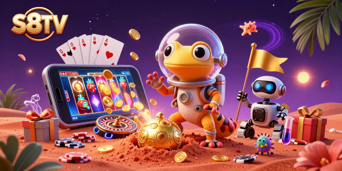S8TV delivers thrilling casino entertainment with a Martian gecko and robot in a vibrant 3D scene, showcasing dynamic gambling elements.