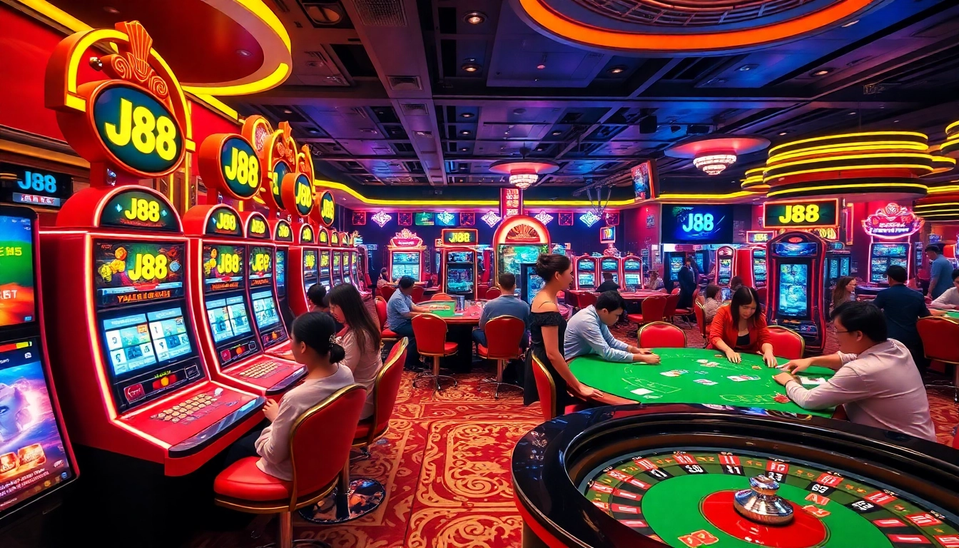 Experience excitement with J88 branding at a lively casino where players celebrate wins at slot machines and poker tables.