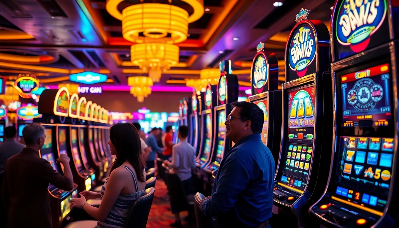 Menampilkan permainan Slot Dana yang seru dengan pencahayaan berwarna-warni.