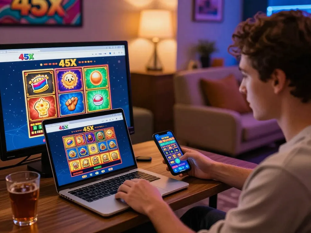 45X online gambling platform with a user enjoying slots on laptop and mobile, promoting a vibrant gaming atmosphere.