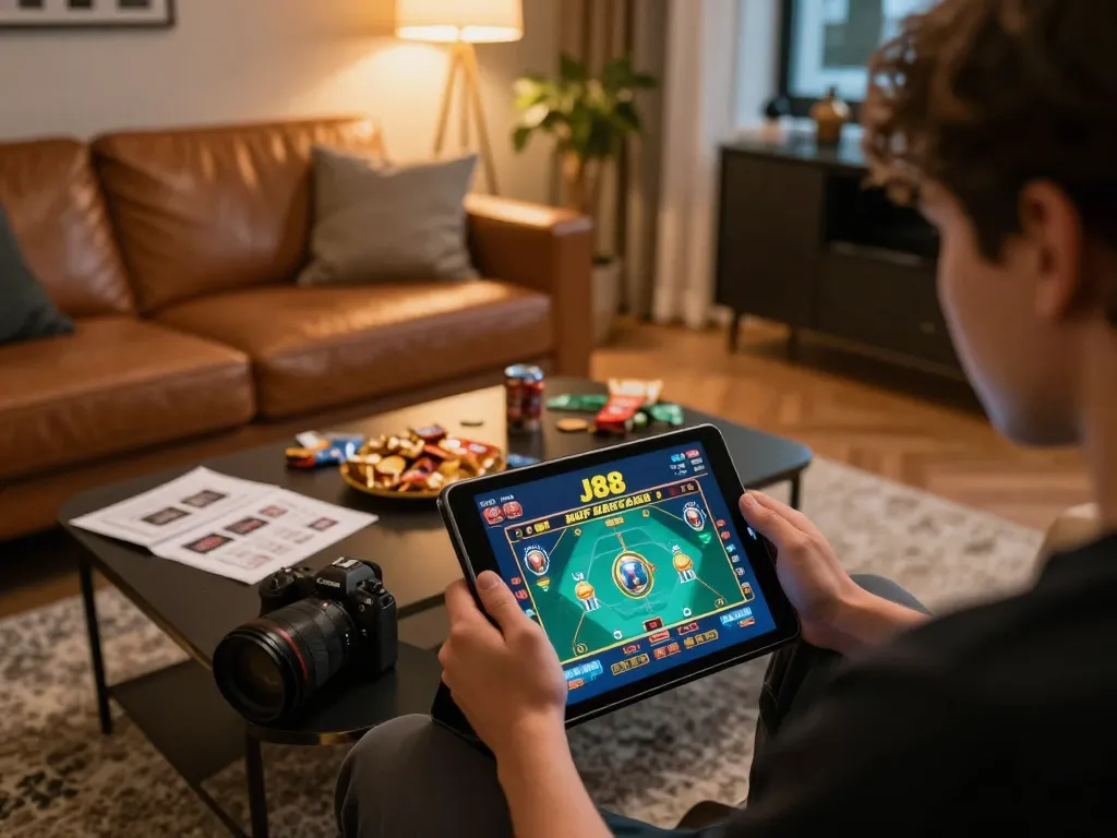 Engaging in J88 mobile casino gaming at home with a tablet in a cozy setting