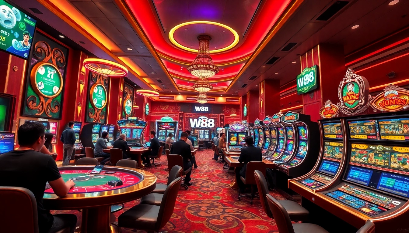 W88.nyc casino scene showcasing players engaged in baccarat and blackjack, vibrant atmosphere.