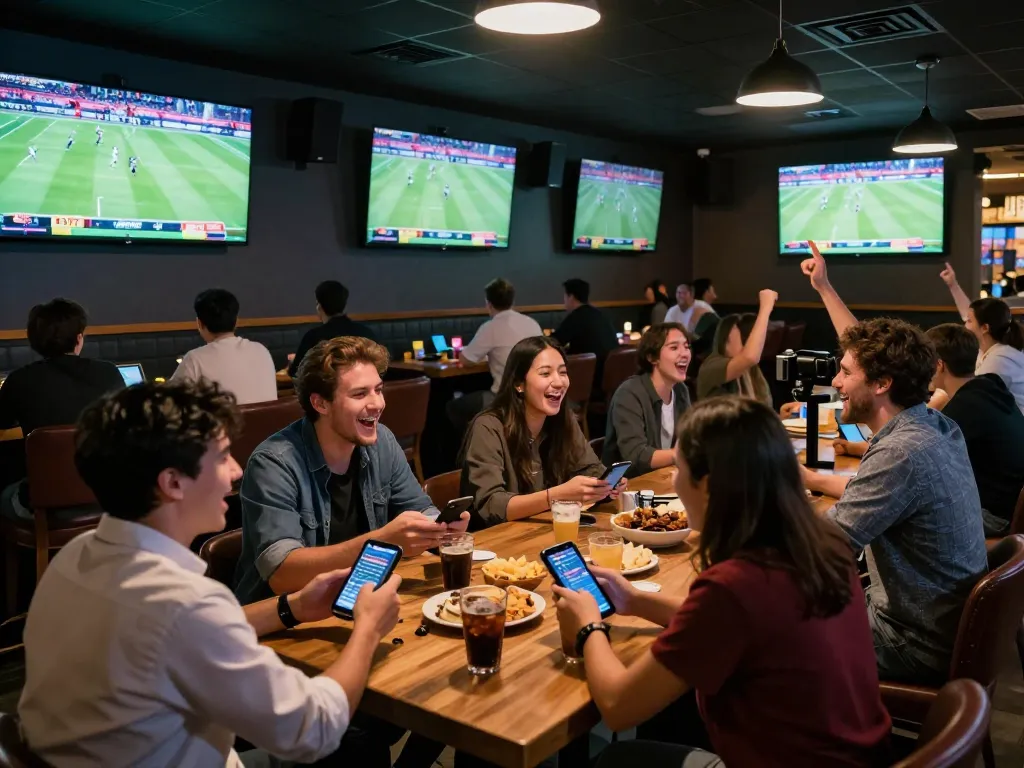 Betting excitement at https://rr88k1.com/ as friends engage in sports wagering while watching live games.