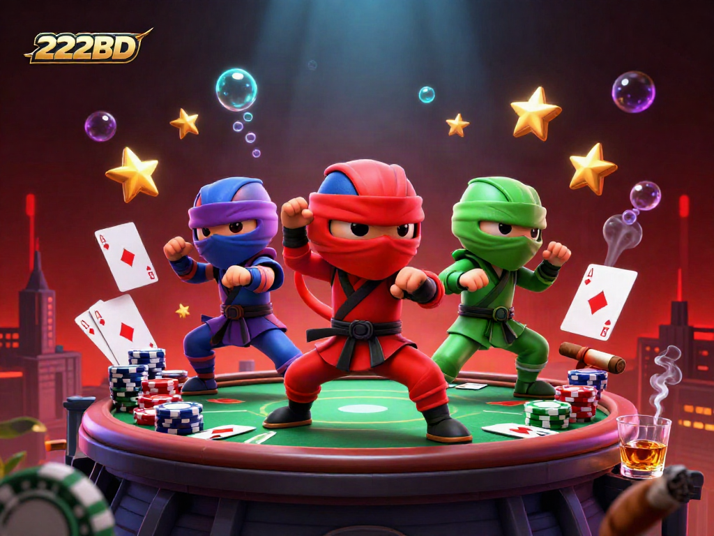 Win big with the vibrant 222BD ninja chameleons battling around a poker table.