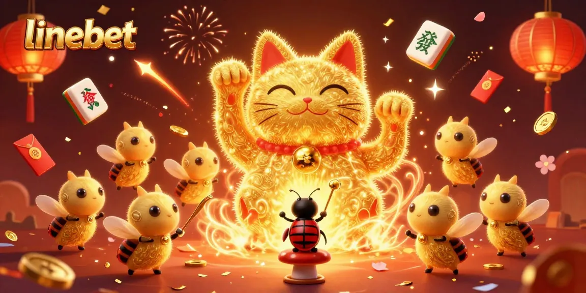 Experience the excitement of linebet with vibrant 3D illustrations of golden fireflies and a lucky cat.