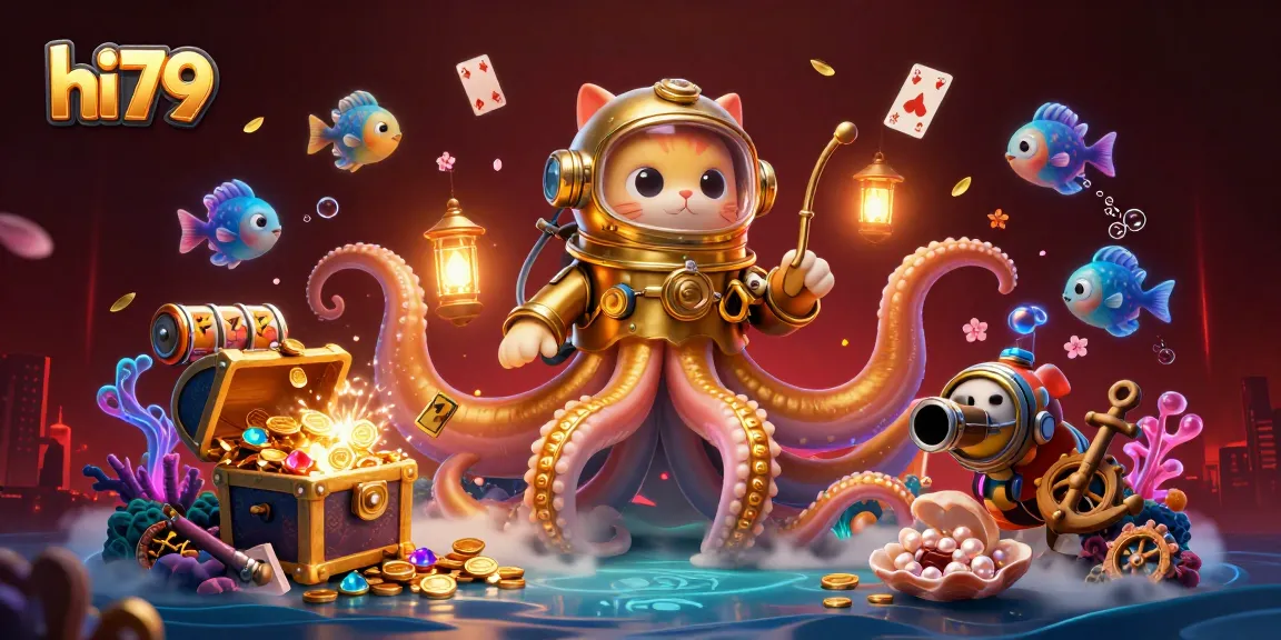 Engage in thrilling gameplay at hi79 with a vibrant scene of a kraken, diving cat, and stacked slot elements.