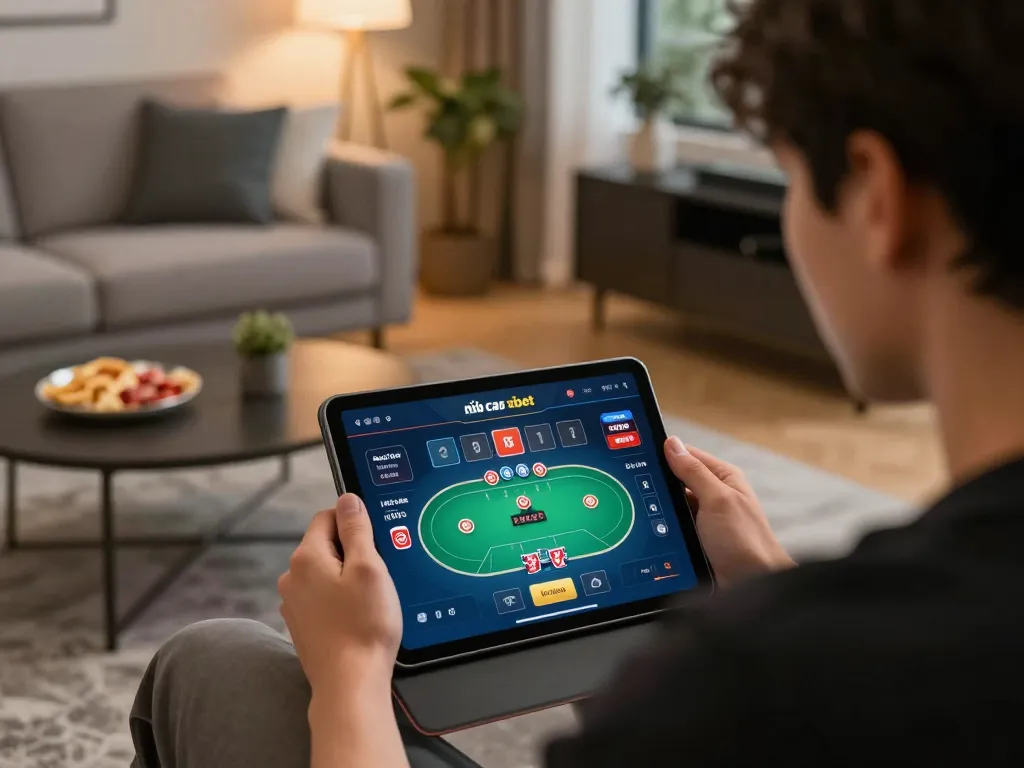 Player strategizing their bets on nhà cái xibet while playing poker online in a cozy living room