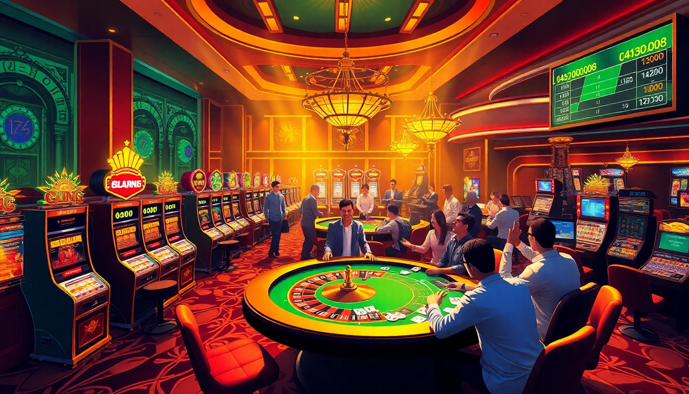 Players enjoying an exciting game at the OK KING casino with vibrant slot machines and a roulette wheel.