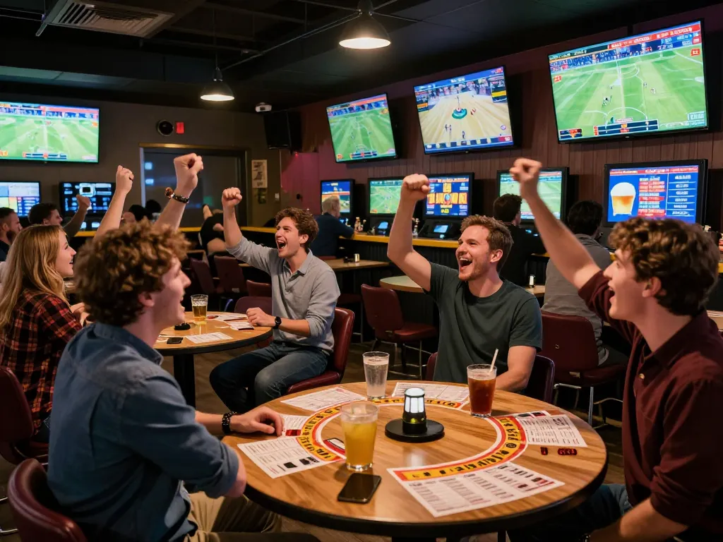 Engaged patrons celebrating sports betting wins, following ผลบอลวันนี้ scores with excitement