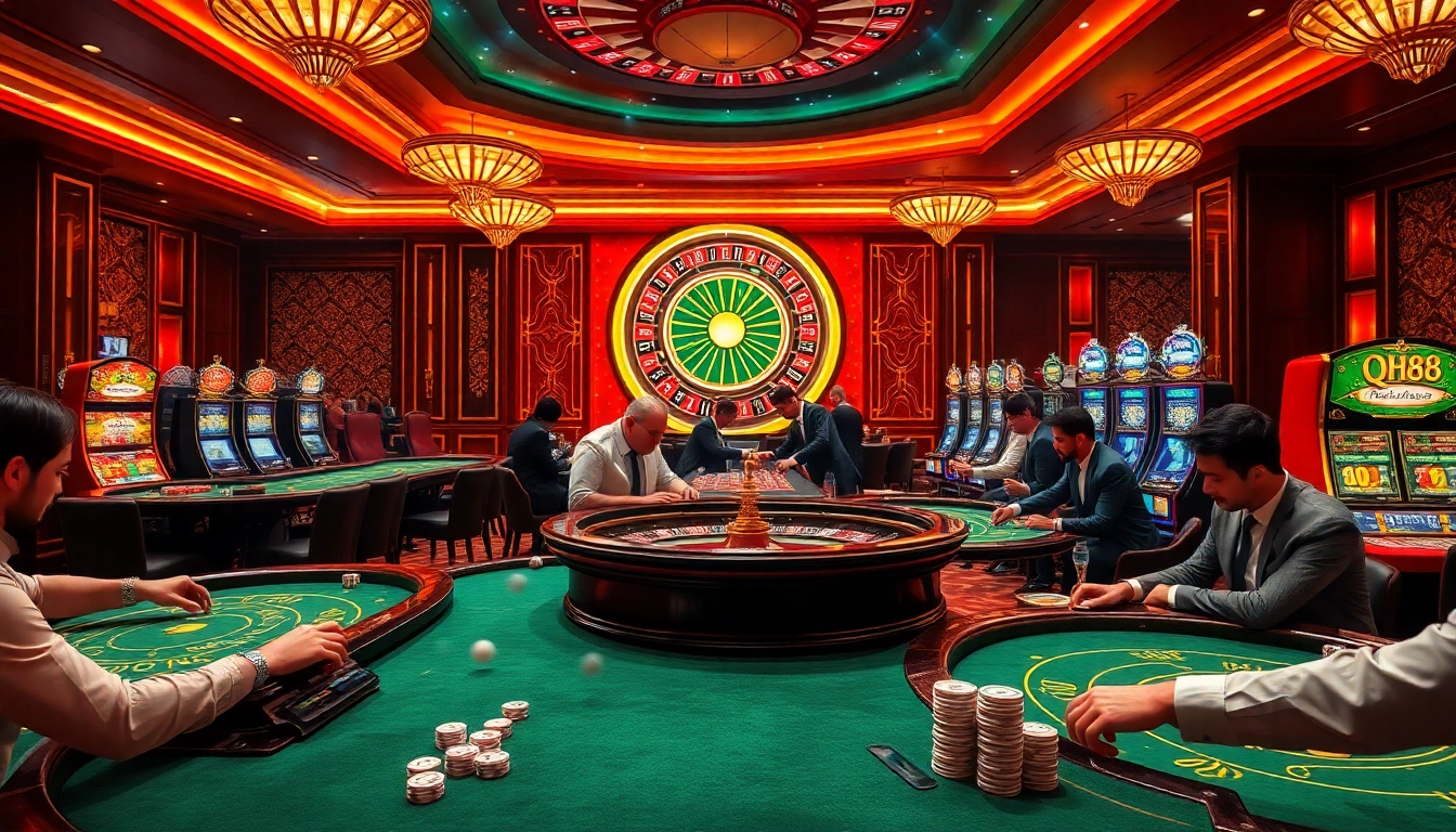 A dynamic casino scene showcasing players at qh88 tables and vibrant slot machines, filled with excitement and action.