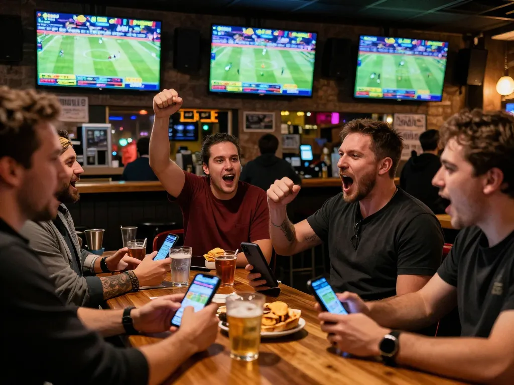 Engaging in live sports betting at OK365, with excited patrons cheering and screens displaying games.