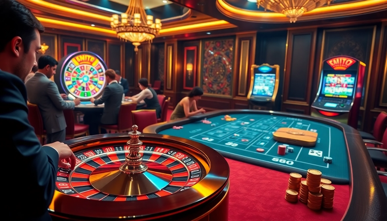 Engage with the thrilling atmosphere of 888TO at a luxurious casino, featuring roulette and blackjack tables.