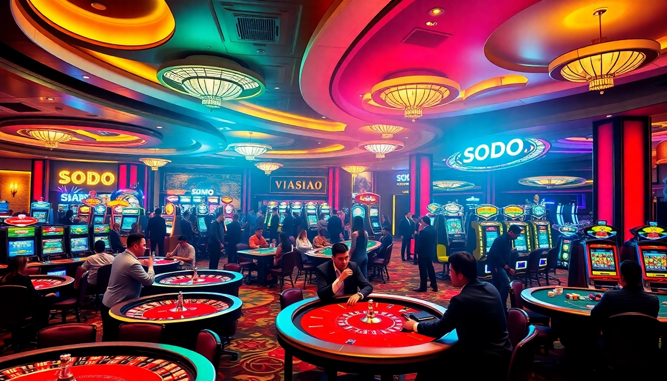 SODO Casino scene showcasing excited players at roulette and poker tables in a luxurious setting.