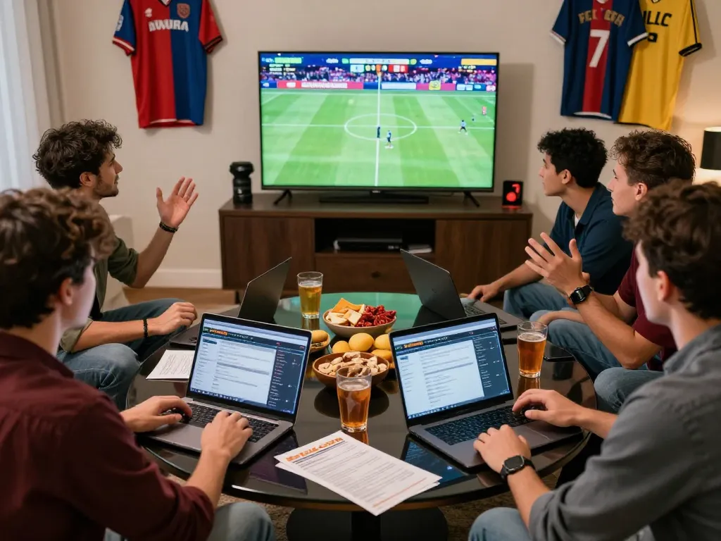 Friends enjoying sports betting session on rikbet with excitement.