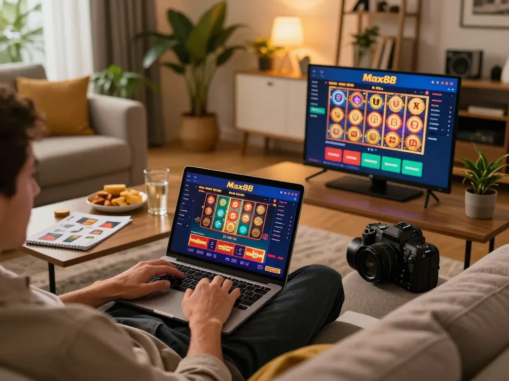 Max88 online gaming interface displayed on a laptop while enjoying a home casino atmosphere