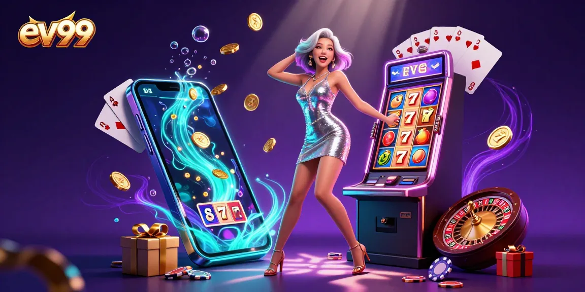 ev99 jackpot celebration scene featuring an Asian woman next to a winning slot machine