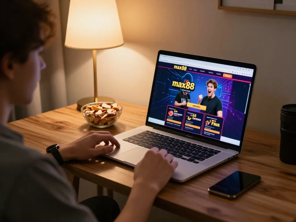 Engaging in max88 online gameplay on a laptop with a relaxing setup.
