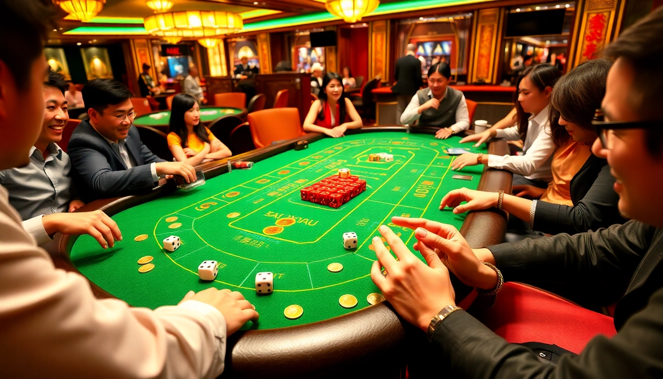Tài xỉu md5 table in a luxurious casino setting, showcasing players placing bets and enjoying the game.