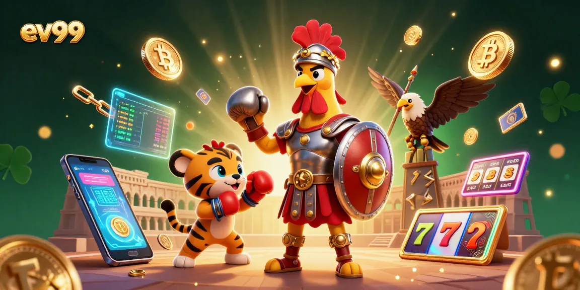 ev99 showcases a dynamic 3D casino scene with gladiator rooster and crypto elements.