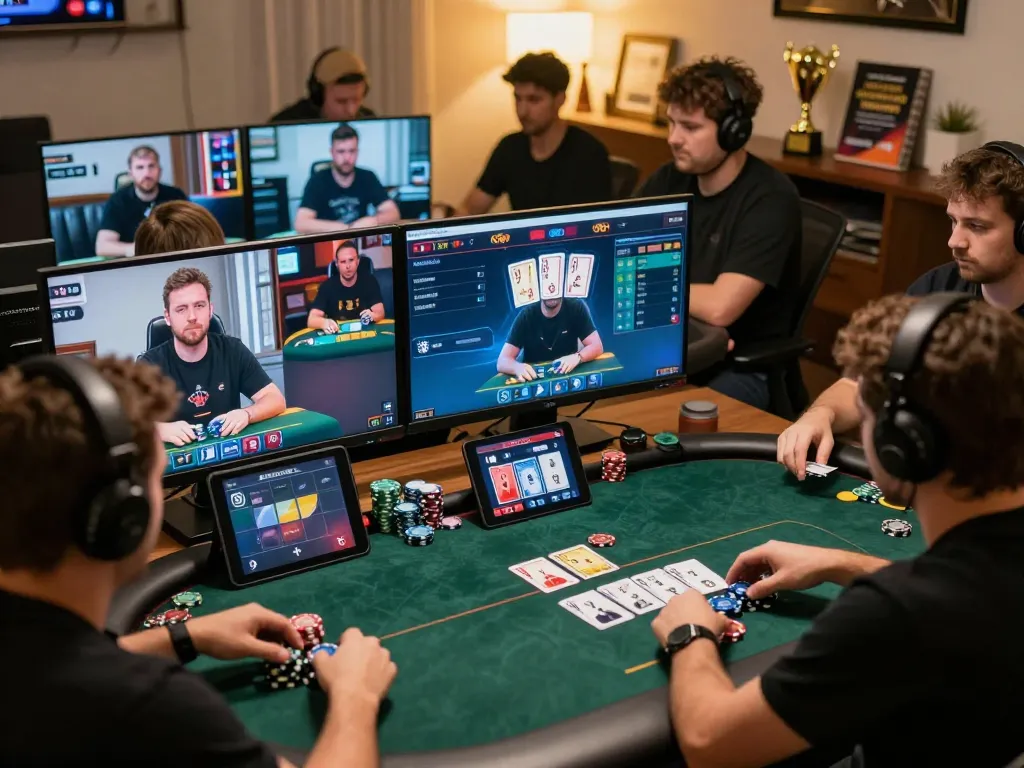 FLY88 poker players engaged in online tournament, showcasing competitive gameplay and strategic betting.
