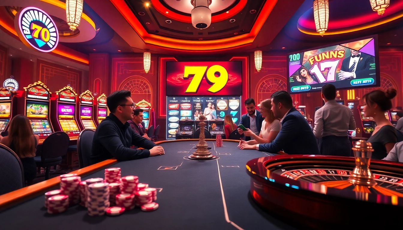 Experience the excitement of fun 79 with players enjoying vibrant casino games and poker.