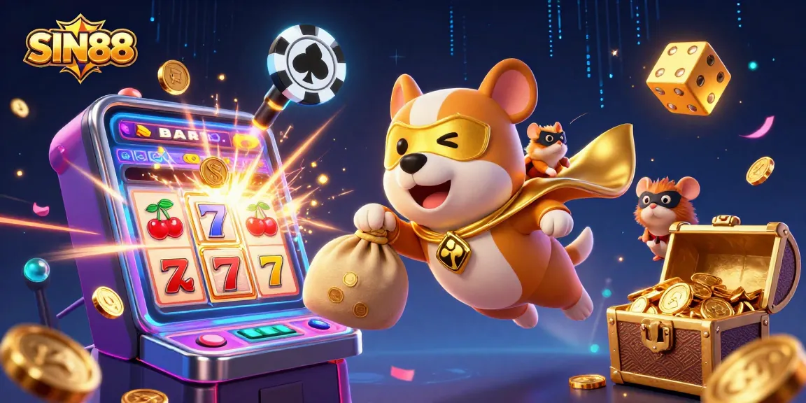 Experience thrilling gambling with SIN88, featuring a heroic dog and jackpot excitement in a vibrant 3D scene.