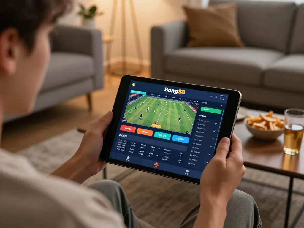 Bong88 mobile sports betting on a tablet in a cozy home setting with engaging live odds and interface