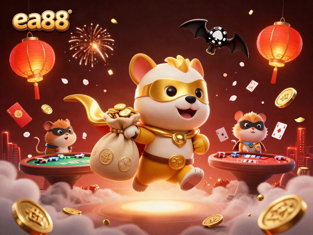 ea88 engages players with vibrant casino-themed illustration showing poker and fireworks.