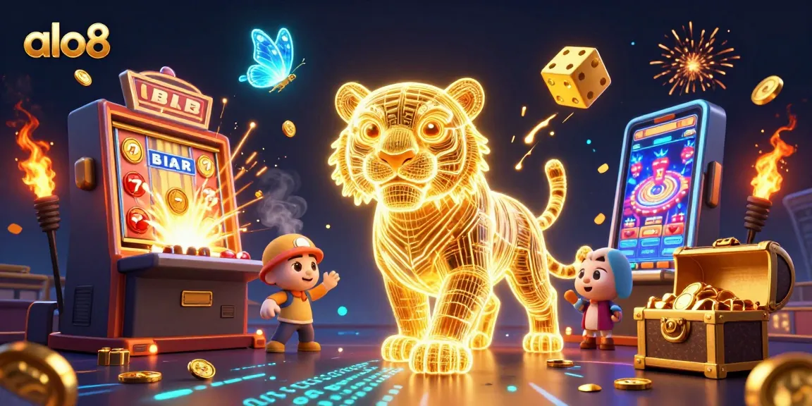 Alo8 showcases a vibrant digital casino scene with a golden tiger and jackpots exploding, inviting players to join the excitement.
