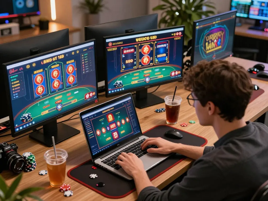 Navigating online casino games on a laptop while exploring options at nk88 for optimal gameplay.