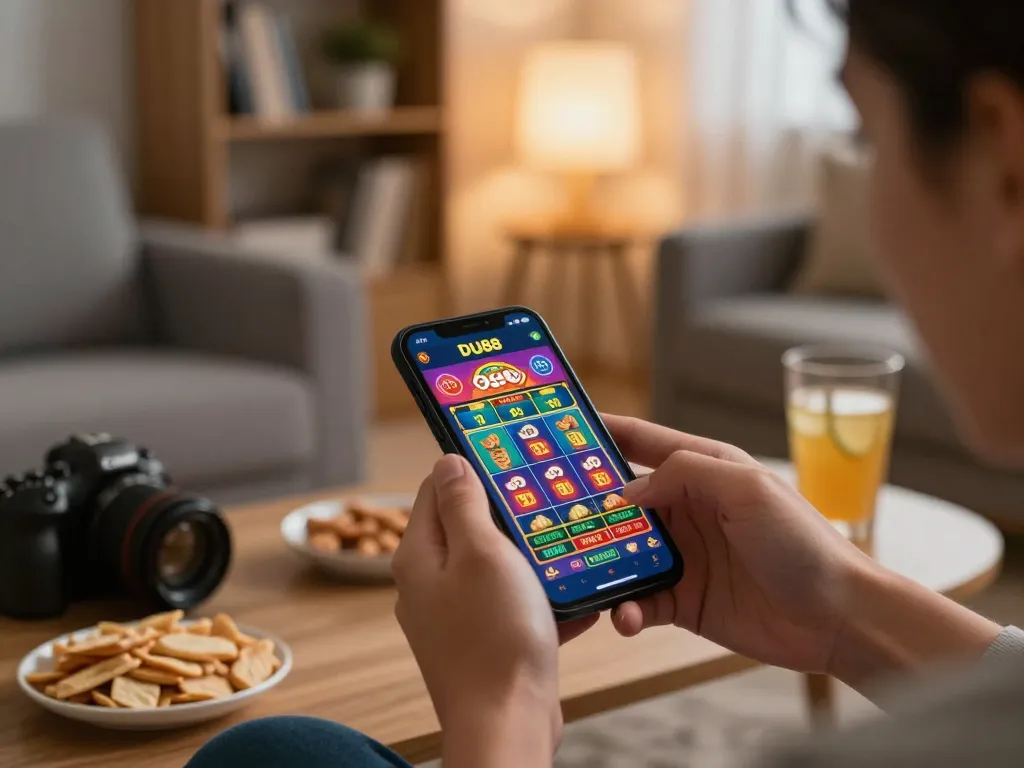 Player engaging with the DU88 casino app on a mobile device in a cozy home setting, demonstrating convenient gameplay.