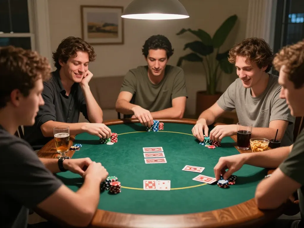 Players enjoying a thrilling poker night with MM88 strategies, chips, and laughter filling the casual home setting.
