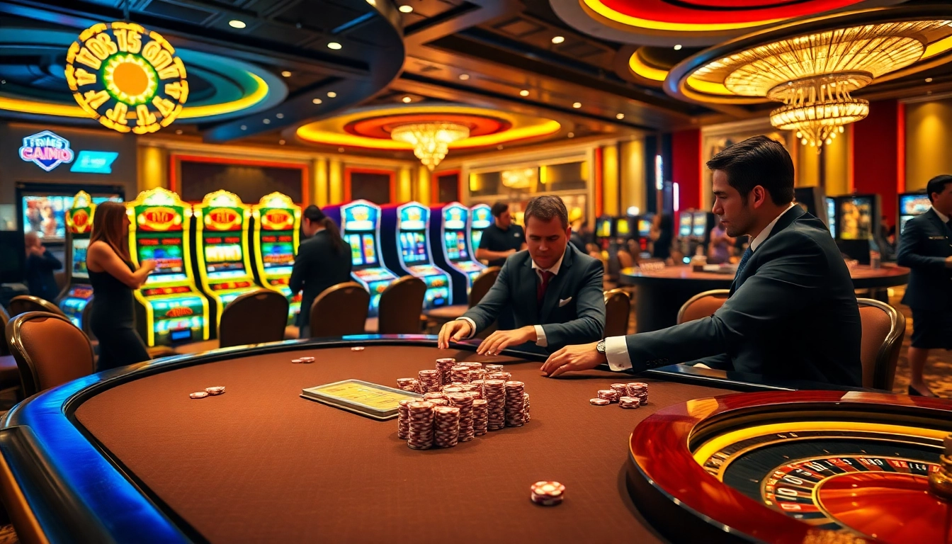 Poker table action showcasing red88 excitement with players and vibrant casino elements.
