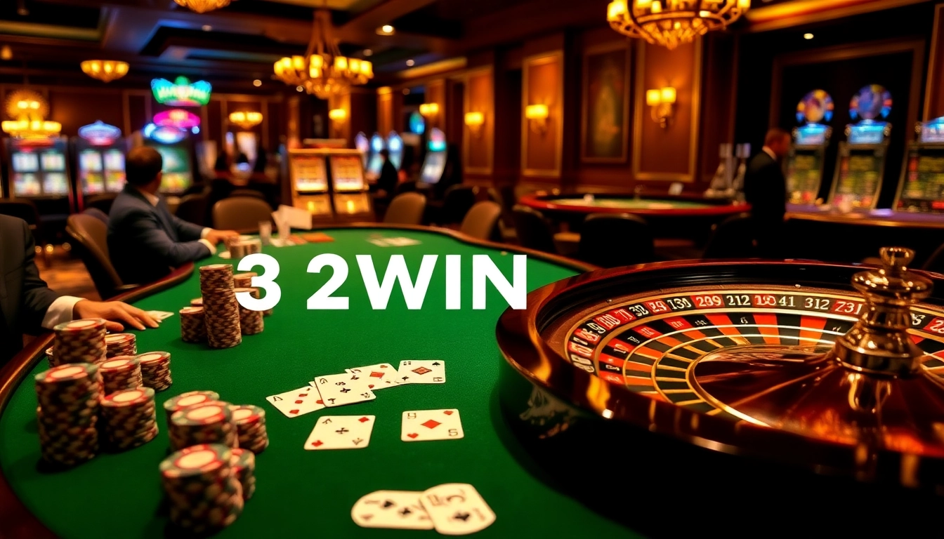 Experience high-stakes gambling at the 32WIN poker table with vibrant chips and engaging players.