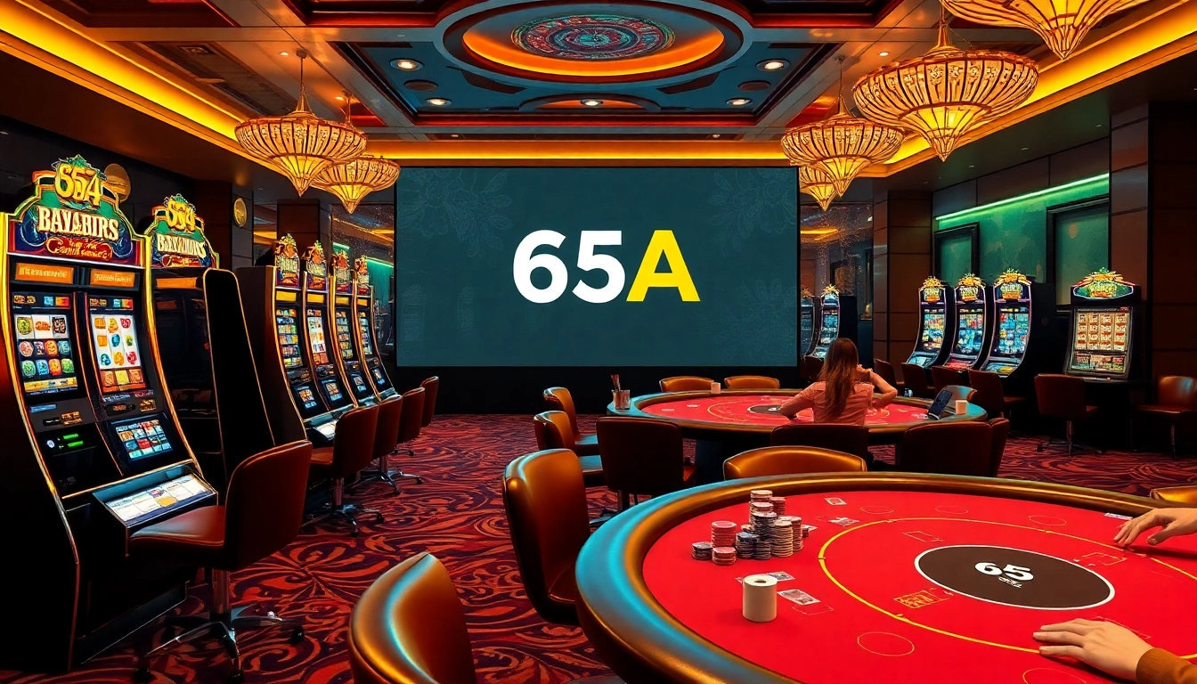 Players experiencing thrilling casino games at 65A, showcasing vibrant slot machines and engaging poker tables.