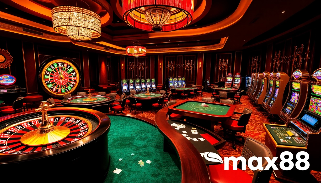 Experience an exciting game at max88's luxurious casino with poker tables, roulette wheels, and vibrant slot machines.