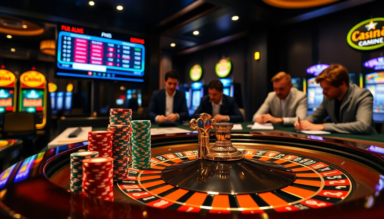 Scene of professional gamblers betting at a luxurious casino, showcasing https://keonhacai.claims/ odds on sleek screens.