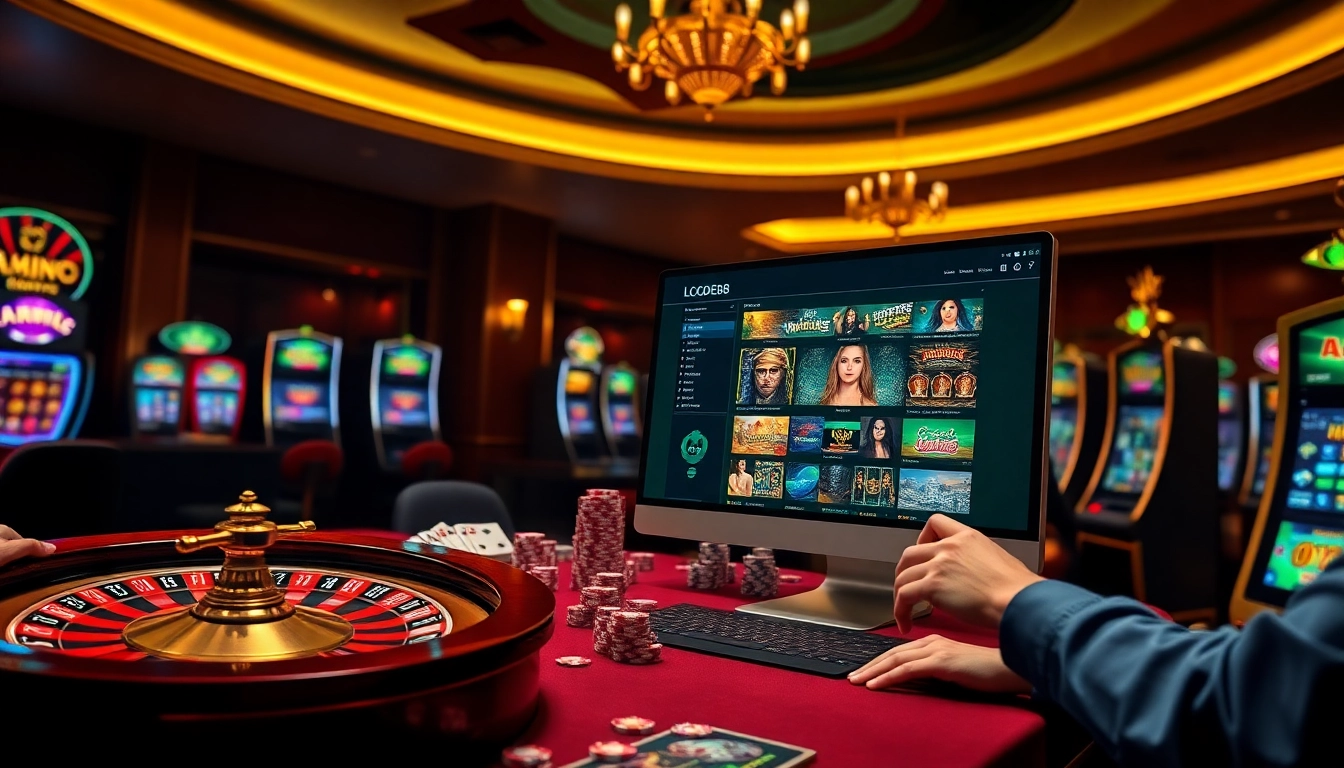 Experience thrilling online gambling with LODE88 through an interactive casino scene featuring poker chips and roulette.